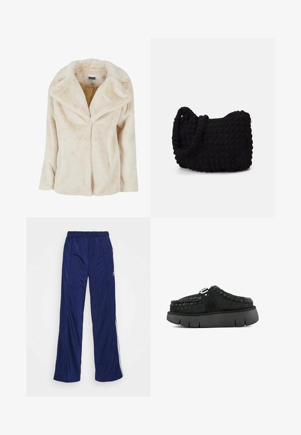 Helle beige Kunstfelljacke mit breitem Revers, langen Ärmeln und einer weichen, strukturierten Oberfläche. Verfügt über eine unverschlossene Frontöffnung.; BDG Urban Outfitters BABY TEE - T-Shirt print - yellow; Marineblaue Sporthose mit elastischem Bund, geraden Beinen und seitlichen Reißverschlüssen. Mit weißen Paspeln an den Seiten. Glatte Stoffstruktur.; Schwarze Wildleder-Mokassins mit Fellbesatz, geflochtenen Nähten und einer kräftigen schwarzen Sohle. Mit einem markierten Riemen über dem Obermaterial.; Schwarze Stofftasche mit einer strukturierten, gesteppten Oberfläche. Abgerundete Form, kurze, dicke Griffe und eine weiche, flexible Struktur.