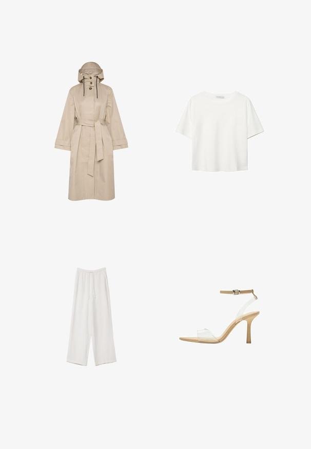 Béžový nepremokavý trenčkot s opaskom, veľkou kapucňou, uzáverom na dva gombíky a širokými rukávmi. Hladká textúra s čistým, minimalistickým dizajnom.; Biela krátkopsová tričko vyrobené z bavlny. Má okrúhly výstrih a voľný strih. Hladká textúra bez viditeľných vzorov alebo akcentov.; Biele široké nohavice vyrobené z ľahkej tkaniny. Obsahujú elastický pás so sťahovacou šnúrkou a bočné vrecká. Hladká textúra.; Priehľadné sandále na vysokom podpätku s transparentným zvrškom, béžovou stielkou a štíhlym remienkom na členku. Majú špicatú špičku a tenký vysoký podpätok.