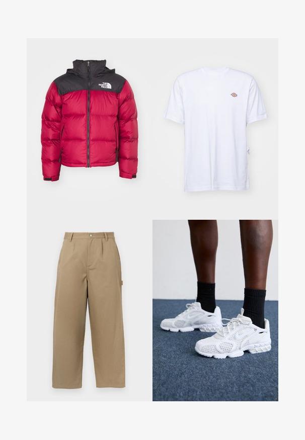 The North Face RETRO NUPTSE JACKET - Tollkabát - beetroot/black; Fehér pamut póló V-nyakkal és rövid ujjakkal. A bal mellen egy kis, színes hímzett logó található. Puha tapintás.; Bézs színű, bő szabású nadrág pamutkeverékből, magas derékkal, elöl pliszírozással és két oldalsó zsebbel, amelyek gombbal záródnak.; Fehér sportcipők hálós felsőrésszel, textúrázott díszítésekkel és párnázott talppal. Párban fekete bordázott bokazoknival egy kék szőnyeggel borított felületen.