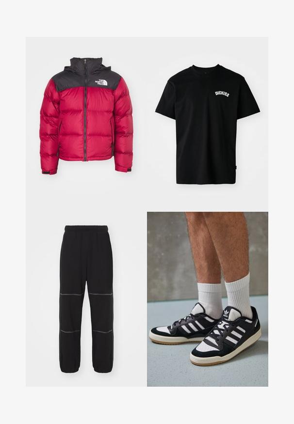 The North Face RETRO NUPTSE JACKET - Casaco de penas - beetroot/black; T-shirt de algodão preta com mangas curtas e decote redondo. Apresenta um logótipo curvo em branco "DICKIES" no peito. Design simples, sem padrões.; Calças de treino pretas com uma cintura elástica, apresentando costuras e punhos cinzentos em contraste. O design inclui duas costuras horizontais em cada perna.; Ténis em preto e branco com upper em camurça e couro, apresentando três riscas brancas, um toe perfurado e uma sola em borracha de goma.