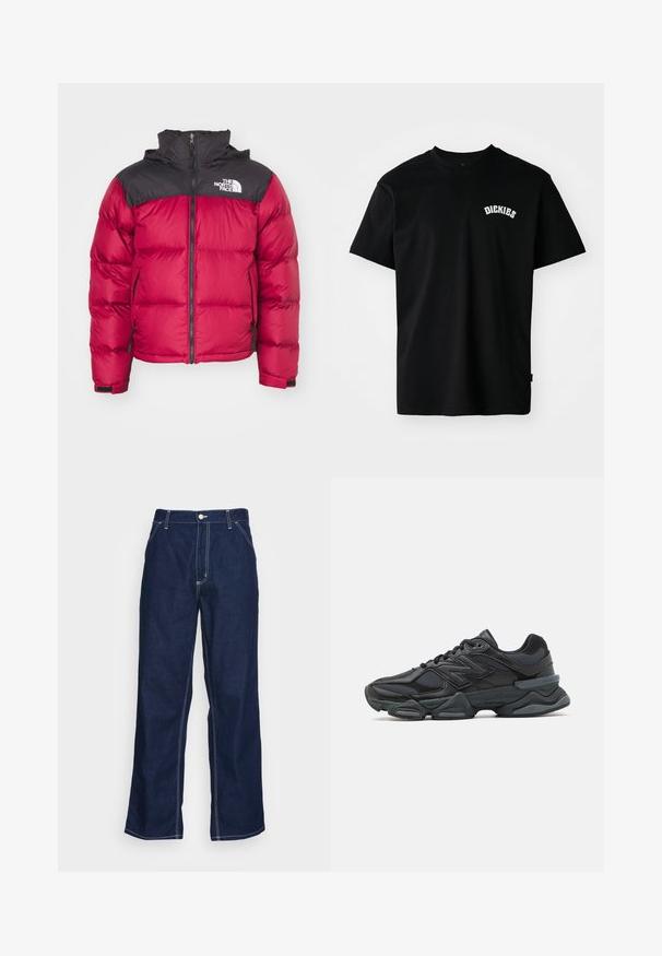 The North Face RETRO NUPTSE JACKET - Dunjakke - beetroot/black; Svart bomull T-skjorte med korte ermer og rund hals. Har en hvit buet logo "DICKIES" på brystet. Enkel design, ingen mønstre.; Mørkeblå denimbukser med vide ben, med høy midje, frontlommer og kontrasterende hvite sømmer langs sømmene.; Svart løpesko med en blanding av mesh og syntetiske materialer, chunky såle, buet design og fremtredende merkevare på siden.