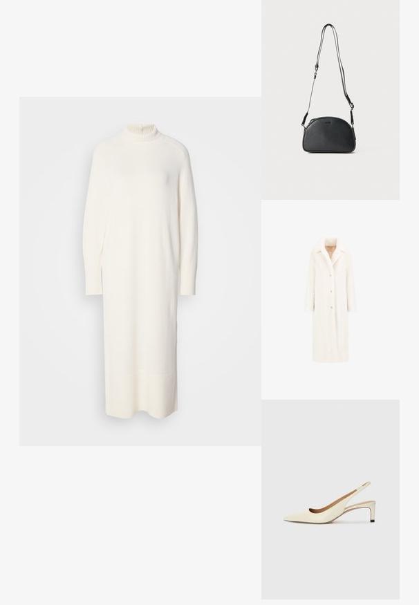 Cappotto lungo, bianco e peloso con colletto a punta, chiusura frontale con bottoni e due tasche laterali. Texture morbida e design a silhouette dritta.; Abito bianco lavorato a maglia con collo alto, maniche lunghe e polsini a coste. Presenta una silhouette dritta e un orlo fino al ginocchio con una struttura sottilmente testurizzata.; Scarpa slingback a punta in pelle bianca sporca, caratterizzata da un tacco basso e un design con ritagli, dal texture liscia e con accenti minimi.; Borsa a tracolla in pelle nera di forma arrotondata, con due cinturini regolabili e un logo sottile sulla parte anteriore. Esterno testurizzato, design minimalista.
