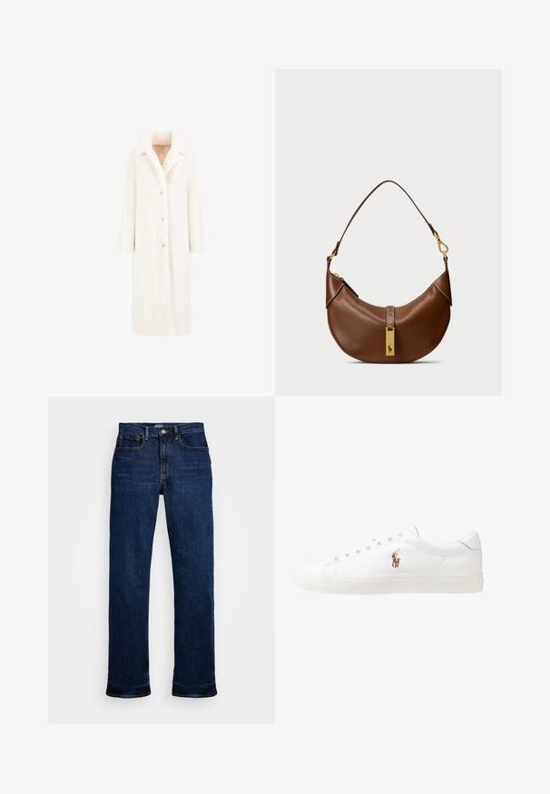 Cappotto lungo, bianco e peloso con colletto a punta, chiusura frontale con bottoni e due tasche laterali. Texture morbida e design a silhouette dritta.; Maglione beige a treccia con collo rotondo, polsini e orlo a coste, e un piccolo logo sul petto a sinistra. Tessuto morbido e strutturato.; Jeans in denim blu scuro con taglio dritto, dotati di cinque tasche, cuciture in rame e chiusura a bottone classica.; Sneakers in pelle bianca, design low-top, caratterizzati da una texture liscia, punta rotonda, chiusura con lacci e un piccolo logo ricamato sul lato.; Borsa a spalla in pelle marrone con forma curvata, hardware dorato, dettaglio con gancio superiore e accento con logo. Texture liscia con bordi cuciti.
