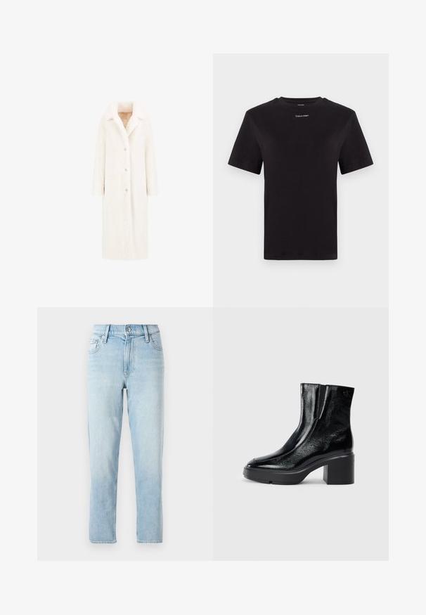 Lang, witte, harige jas met een gebogen kraag, sluiting met knopen aan de voorkant en twee zijzakken. Zachte textuur en recht silhouet ontwerp.; Zwarte katoenen t-shirt met korte mouwen, ronde hals en klein wit "Calvin Klein" logo op de borst. Gladde textuur, klassieke pasvorm.; Lichtblauwe denim jeans, recht gesneden design, middelhoog taille, met vijf-vaks stijl en een knoopsluiting aan de voorkant.; Zwarte gepatenteerde leren enkellaarsjes met een gebogen neus, elastische zijpanelen en een chunky blokhak. Voorzien van een reliëflogo aan de achterkant.