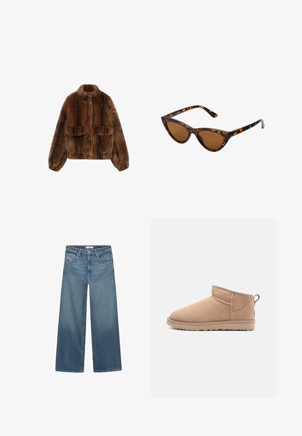 Brun kunstpelsjakke med høj krave, to frontlommer og elastisk talje og manchetter, der har en blød, struktureret overflade.; Brun strikket sweater med rund halsudskæring, sænkede skuldre og ribstrikkede manchetter. Blød tekstur, cropped design og løs pasform.; Lysblå vid ben jeans lavet af denim, med mellemhøj talje, to frontlommer og klassiske syninger.; Brune ruskindsankelstøvle med en rund tå, blød tekstur, enkelt design og en lavprofil gummisål. Har en trækrem bagpå.; Kat-ejede solbriller med en sort og orange skildpaddemønstret stel, brune linser og slanke, spidse ender. Har et minimalistisk logo på skabelsen.; Mørkebrun ruskinds håndtaske med en struktureret form, der har to top håndtag og en aftagelig rem med en guldtonet spænde accenter.