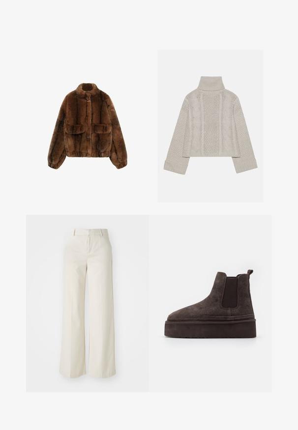 Brun kunstpelsjakke med høj krave, to frontlommer og elastisk talje og manchetter, der har en blød, struktureret overflade.; Afskåret, lysegrå striktrøje med højt krave og ribbede manchetter, prydet med teksturerede kabelmønstre ned ad ryggen og siderne.; Bredde ben-bukser i en lys beige farve, lavet af et glat stof. Har en klassisk talje og flad front med rene linjer.; Brune ruskinds Chelsea støvler med elastiske sidepaneler og en tyk, struktureret platåsål. Har en strop bagpå til nem påtagning.