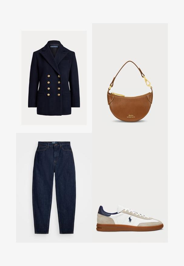 Blazer cruzado de lana en color azul marino con grandes botones dorados, solapas en punta y bolsillos laterales. Cuenta con un bolsillo en el pecho y un corte ajustado.; Suéter de punto en crema con escote en V, que presenta rayas en azul marino y azul claro en el cuello y el dobladillo inferior.; Camisa de manga larga verde oscuro con cuello redondo y pequeño logo de caballo bordado en púrpura en el lado izquierdo del pecho, presentada sobre un fondo blanco.; Vaqueros de denim azul oscuro con un corte recto, que presentan costuras naranjas, un cierre frontal con botón y cinco bolsillos.; Zapatillas blancas y beige con un upper de ante y cuero, acentos en azul marino y suela de goma marrón. Presentan un logo en el lateral y diseño con cordones.; Bolso de cuero marrón con una forma curvada y herrajes dorados. Cuenta con una cremallera en la parte superior y un logo grabado en el frente. Incluye un asa corta.