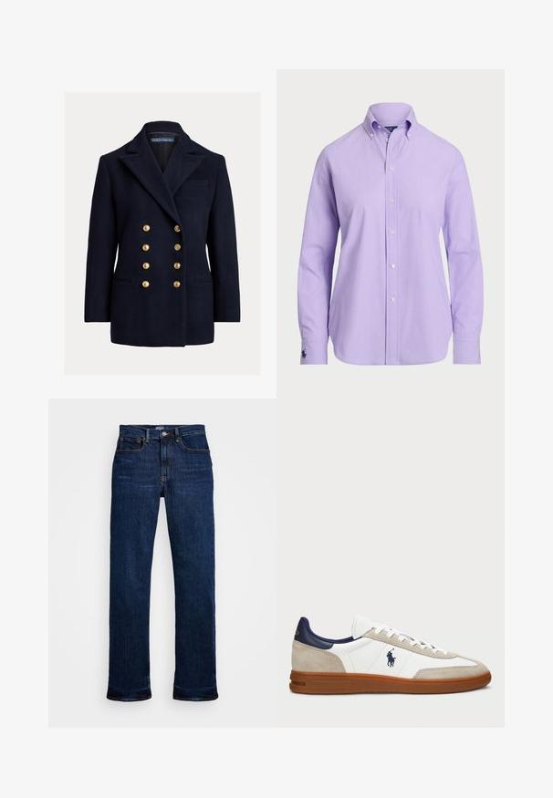 Blazer azul de lã, de duplo botão, com grandes botões dourados, lapelas de pico e bolsos laterais. Apresenta um bolso no peito e um corte ajustado.; Camisa botões de cor púrpura clara com colarinho clássico, mangas longas e um tecido leve. Apresenta um discreto logo bordado na pulso.; Jeans de denim azul escuro com corte reto, apresentando cinco bolsos, costura em cobre e um fecho de botão clássico.; Sapatilhas brancas e bege com um cabedal em camurça e pele, detalhes em azul-marinho e uma sola em borracha castanha. Apresenta o logótipo na lateral e um design com atacadores.