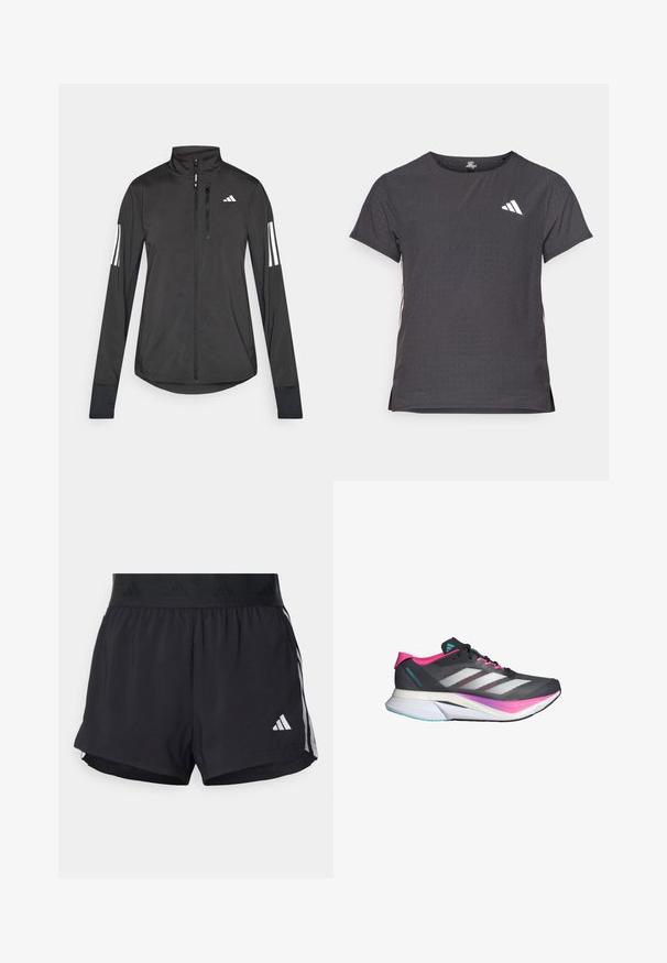 Must mustriga mustrin, millel on esiküljel lukuga, kõrge krae ja igal varrukal kolm valget triipu.; Lühikese varrukaga sportlik T-särk, tumehall, perforatsiooni tekstuuriga. Omab valget logo ja kontrastset külgtriipu. Ümar kaelus.; Musta sportlikud lühikesed püksid elastse vöökohtaga, millel on tekstuuriga riba, külgmised triibud ja alumises servas valge Adidas'i logo.; Hallitusking, millel on hall võrk ja roosa aktsent, samuti valged triibud. Omab pehmet tallat ja sarviklikku, aerodünaamilist disaini.