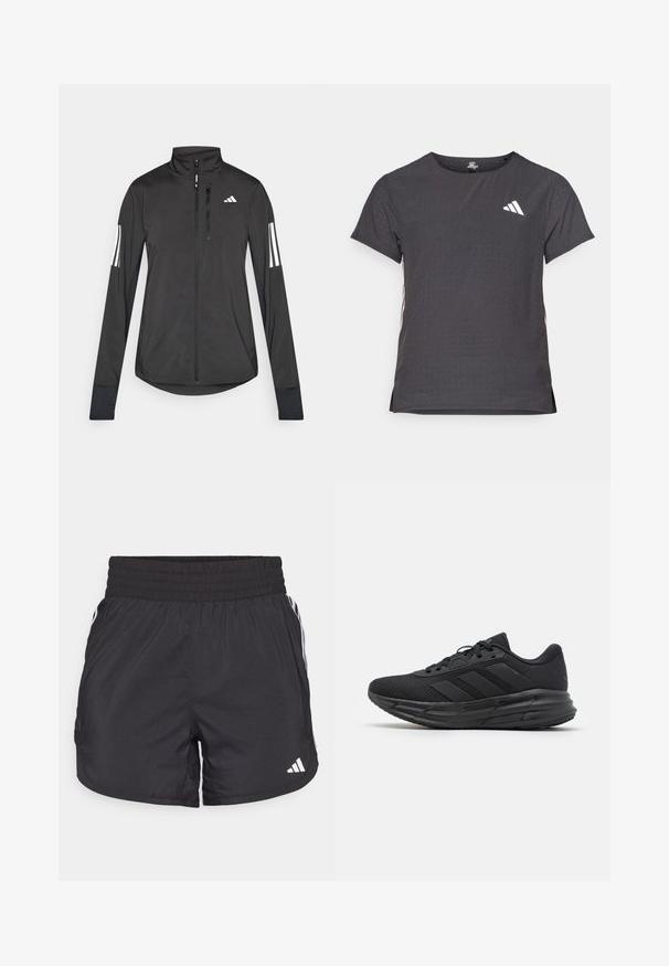 Black athletic jacket made of lightweight material. Features a front zipper, high collar, and three white stripes on each sleeve.; Short-sleeve athletic t-shirt, dark gray with perforated texture. Features a white logo and contrasting side stripes. Rounded neckline.; Black athletic shorts with an elastic waistband, side pockets, and white stripe accents on the sides. Made of lightweight material.; Black athletic shoe with a breathable mesh upper, featuring three matte black stripes, a cushioned sole, and a textured outsole for grip.