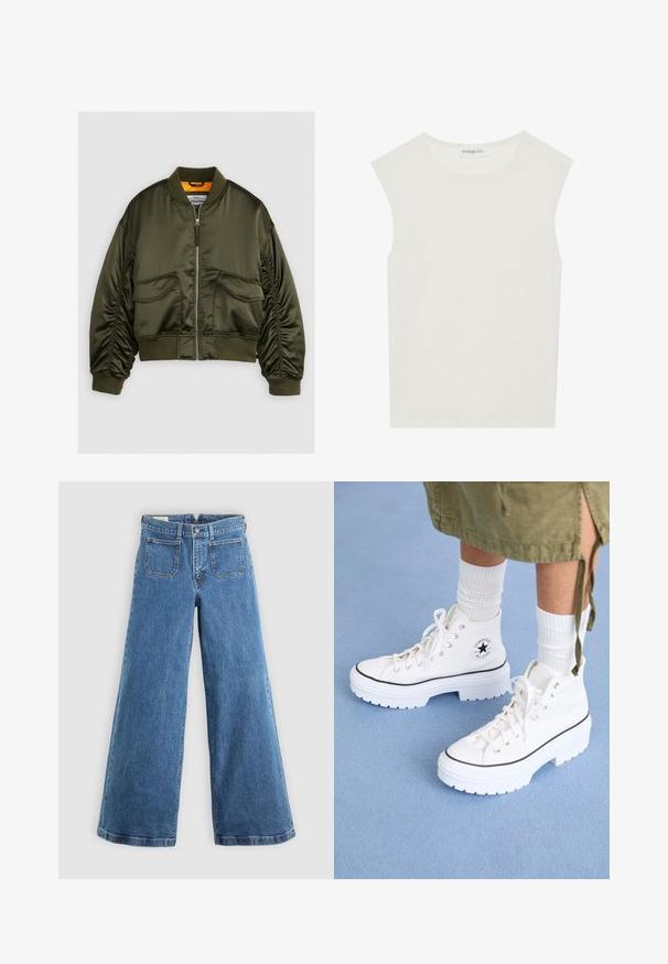 Olíva zöld bomberdzseki selyem anyagból, cipzáras elülső részével, bordázott mandzsettáival és két első zsebével. Narancssárga béléssel kiemelve.; Fehér ujjatlan felső, kerek nyakkivágással. Simább anyagból készült, laza fazonnal és minimalista kialakítással rendelkezik. Nincsenek minták vagy díszítések.; Kék, magas derekú, széles lábú farmernadrág elülső zsebekkel, övhurkokkal, gombos záródással és cipzárral egyszínű háttér előtt.; Fehér magas szárú sportcipők texturált vászon felsőrésszel, gumírozott orral és vastag fehér platform talppal. Fekete részletek és fűzőlyukak jellemzik.