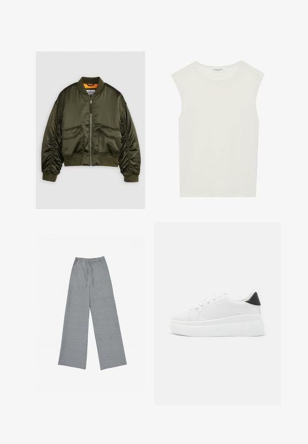 Oliivinvihreä bomber-takki, joka on valmistettu satiinikankaasta. Takissa on vetoketjukiinnitys, ribbireunat ja kaksi etutaskua. Takki on korostettu oranssilla vuorilla.; Valkoinen hihaton paita, jossa on pyöreä kaula-aukko. Valmistettu sileästä kankaasta, siinä on rento istuvuus ja minimalistinen muotoilu. Ei kuvioita tai koristeita.; Harmaat leveälahkeiset housut, jotka on valmistettu teksturoidusta kankaasta, jossa on hienovarainen pystysuuntainen raitakuosi. Housuissa on joustava vyötärö ja kiristysnauha.; Valkoiset alustasneakerit, jotka on valmistettu sileästä synteettisestä materiaalista. Niissä on pyöreä kärki, nauhakiinnitys ja teksturoitu kumipohja. Musta kantakorko korostaa ilmettä.