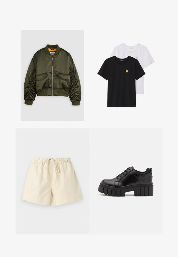 Olivegrün bomberjacke aus satin, mit einem reißverschluss vorne, gerippten bündchen und zwei fronttaschen. Mit einem orangefarbenen innenfutter akzentuiert.; Schwarz-weiße T-Shirts, Rundhals, kurze Ärmel. Das schwarze Shirt hat eine gelbe Sonnenstickerei; das weiße eine lila Halbmond-Akzent.; Beige Shorts mit elastischem Bund und Kordelzug, entspannter Schnitt und glatter Textur. Keine sichtbaren Taschen oder Muster.; Schwarze Lederplateauschuhe mit klobigem Blockabsatz, runder Zehenpartie und traditionellem Schnürdesign. Verfügt über eine glatte Textur und minimale Details.