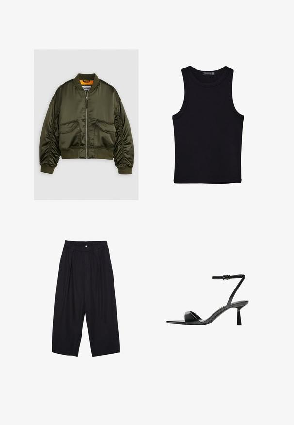 Olivegrün bomberjacke aus satin, mit einem reißverschluss vorne, gerippten bündchen und zwei fronttaschen. Mit einem orangefarbenen innenfutter akzentuiert.; Schwarzes Tanktop aus Baumwolle mit rundem Halsausschnitt und weiten Armöffnungen. Glatte Textur mit genähten Säumen. Klassisches, minimalistisches Design.; Schwarze Polyester-Culotte mit einem elastischen Bund, zwei vorderen Falten und einer lockeren Silhouette. Keine sichtbaren Muster oder Hardware-Details.; Bershka High Heel Sandalette - black