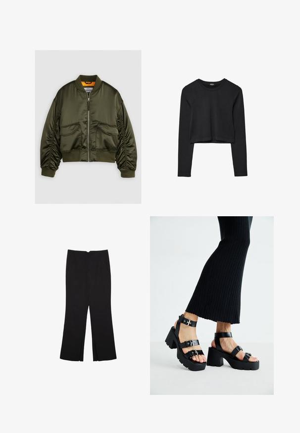 Oliivinvihreä bomber-takki, joka on valmistettu satiinikankaasta. Takissa on vetoketjukiinnitys, ribbireunat ja kaksi etutaskua. Takki on korostettu oranssilla vuorilla.; Mustat pitkät hihat lyhyt toppi, jossa on pyöreä kaula-aukko, yksinkertainen muotoilu ja hieman kaareva helma.; Mustat housut suoralinjaisella leikkauksella, joissa on etutaskut ja sivurei'ät helman alla. Valmistettu pehmeästä ja sileästä kankaasta. Sopii eri tilaisuuksiin.; Mustat alustossut, joissa on paksut, uritetut pohjat ja useita hihnoja, varustettuna metallisilla soljilla ja sileällä nahkamaisten materiaalien pinnalla.