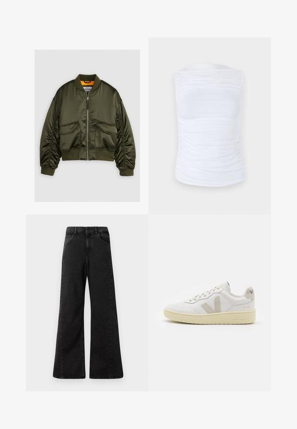 Olīvzaļš bomber jakas uzvalks, kas izgatavots no satīna auduma, ar rāvējslēdzēja pie frontes, ribotām aprocēm un divām priekšējām kabatām. Akcentēts ar apelsīnu odere.; Balta bez piedurknēm tops, kas izgatavots no gludas, elastīgas auduma, ar saplacinātiem elementiem sānos, ar apaļu dekoltē un pieguļošu siluetu.; Augstas jostas melnas denima bikses ar platu kāju dizainu, ar priekšējiem kabatām un pogu aizdari jostasvietā.; Baltas ādas sporta apavu pāris ar bēšiem zamša akcentiem, caurumiņu purngalā, plakanu šņorēšanu un teksturētu krēmkrāsas zoli. Iezīmējas ar diskrētu zīmolu uz papēža.