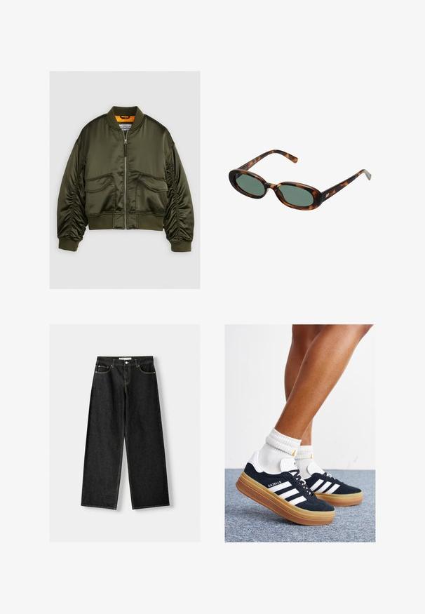 Veste bomber vert olive en satin, avec un zip à l'avant, des poignets côtelés et deux poches avant. Accentuée d'une doublure orange.; Débardeur noir côtelé avec un col rond et un logo brodé en blanc. Le tissu a une texture lisse avec une coupe ajustée.; Jean noir en denim à jambes larges avec cinq poches, fermeture à bouton en métal et zip, et des coutures contrastantes jaunes le long des coutures.; Baskets en daim noir avec des rayures et des accents blancs, bout arrondi, semelle extérieure en caoutchouc gomme, associées à des chaussettes blanches côtelées mi-mollet.; Lunettes de soleil en écaille de tortue avec des montures ovales et des verres verts. Elles présentent des branches fines avec un accent métallique près des charnières.