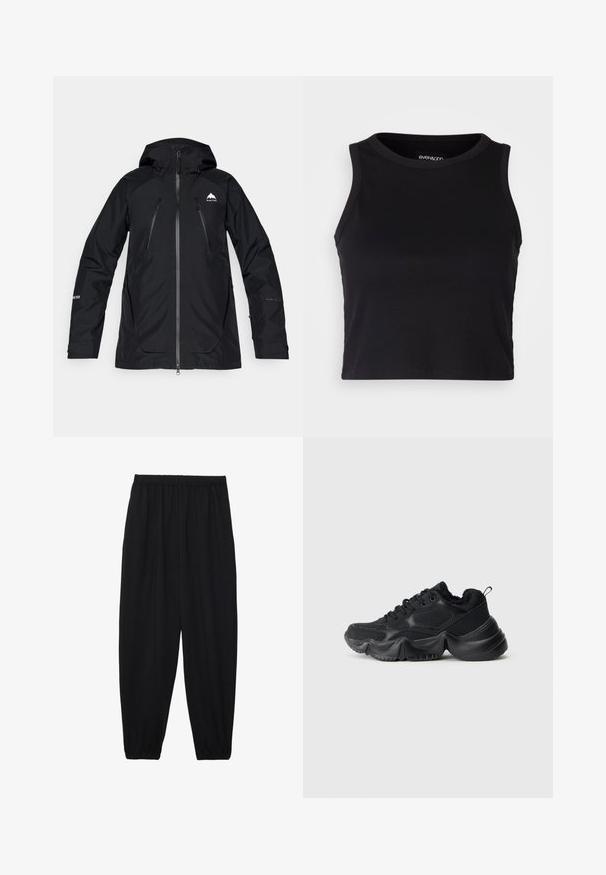 Melnā ūdensnecaurlaidīgā jaka ar kapuci, ar rāvējslēdzēju kabatām, gludu apdari un logotipu uz krūškurvja un piedurknes. Viegls, sportisks dizains.; Melna ribota īsā topa ar apaļu kakla izgriezumu un bez piedurknēm. Izgatavota no mīksta, elastīga auduma, ar tīrām apgrieztām malām.; Melnas, vieglas bikses ar elastīgu jostu un savilktiem potītiem. Audums ir gluds un to raksturo brīva, sašaurināta forma.; Melni sporta apavi ar gludu un teksturētu materiālu kombināciju, biezu zoli, noapaļotu formu un dekoratīvām šuvēm. Iezīmējas ar mīkstu, pūkainu apkakli.
