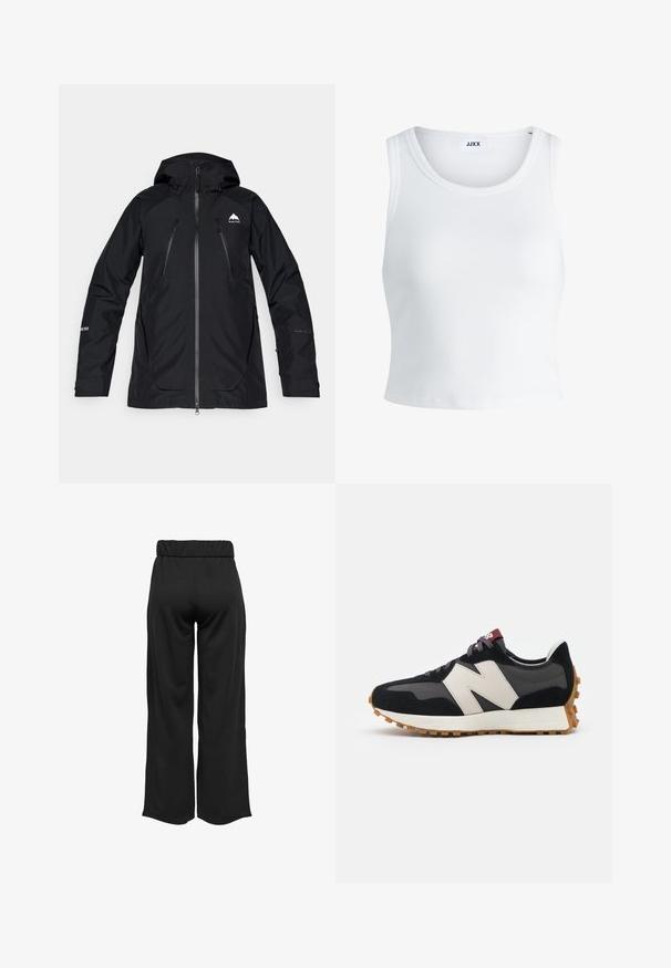 Juodas vandeniui atsparus džemperis su kapišonu, turi užtrauktukus kišenėse, lygų paviršių ir logotipą krūtinėje bei rankovėje. Lengvas, sportiškas dizainas.; Balta raukšlėta tank top marškinėliai su apvaliu iškirpimu, be rankovių dizainu ir trumpa ilgio. Etiketėje parašyta "JJXX." Lygus audinio paviršius.; Juodos, plačios kelnės su elastinga juosta, pagamintos iš lygaus audinio. Pasižymi švariu dizainu, be kišenių ar matomų siūlių detalių.; Juoda ir pilka zomšinė sportinė avalynė su dideliu kreminiu "N" logotipu, violetinėmis raištelėmis ir tekstūruota gumos padu.