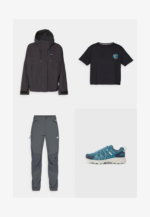 Črna kapuca s sponko, z dvema sprednjima žepoma in elastičnimi manšetami. Narejena iz teksturiranega, trpežnega materiala z vidnimi šivi.; Črna bombažna majica s kratkimi rokavi z okroglim večbarvnim logotipom na prsih. Ravno dno in sproščen kroj.; Temno sivi zunanji hlače z ojačanimi koleni, zadrgo na stranskih in sprednjih žepih, gumbom za zapiranje ter logotipom The North Face na stegnu.; Columbia PEAKFREAK™ II OUTDRY™ - Pohodniški čevlji - blue heron/skylight