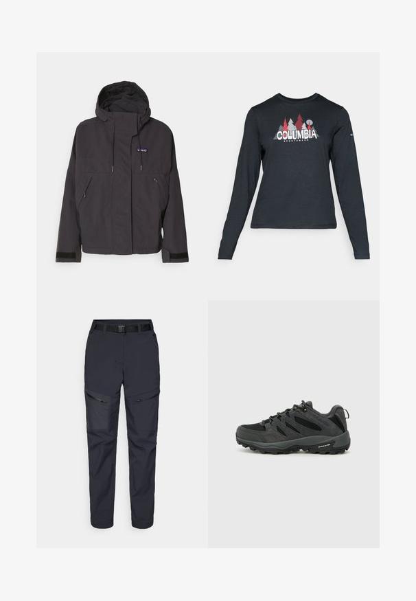 Juodas gobtuvu džemperis su užtrauktuku, dviem priekinėm kišenėm ir elastingais riešais. Pagamintas iš tekstūruotos, patvarios medžiagos su matomais siuvimo detalėmis.; Ilga rankovė tamsiai pilka marškinėliai su raudonų medžių ir kalnų grafika; drąsaus baltos spalvos teksto "COLUMBIA" logotipas. Minkšta medžiaga, standartinis apvalus kaklas.; Jūrų laivyno lauko kelnės, pagamintos iš sintetinių medžiagų, su užtrauktukais kišenėse, diržu ir siaurėjančiu kojų dizainu. Lygus paviršius su minimaliais akcentais.; Columbia REDMOND - Turistiniai batai - black/citron haze