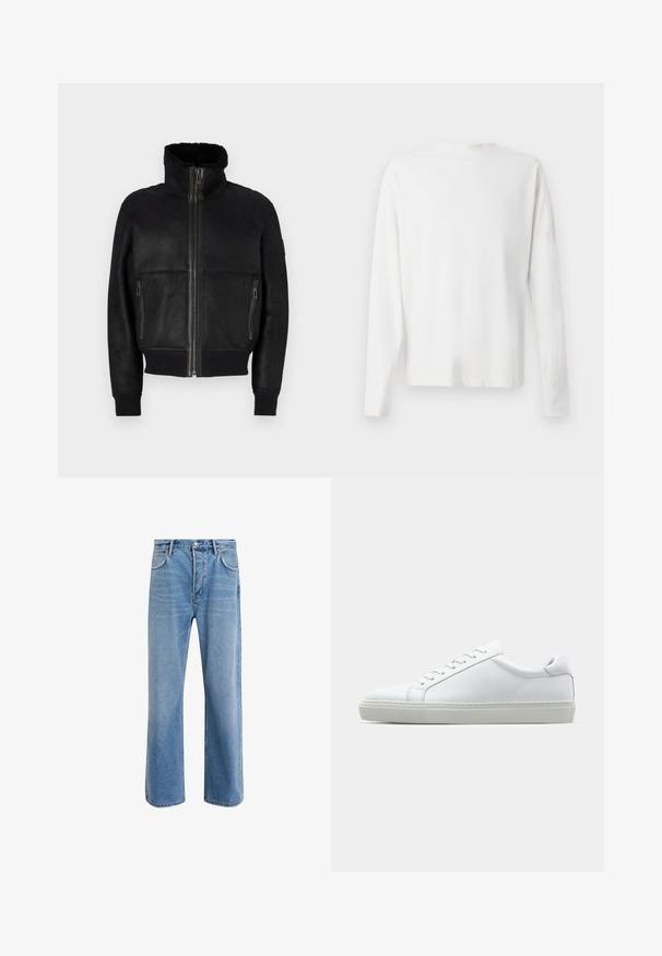 Belstaff TRACE JACKET - Skinnjacka - black; Vit långärmad skjorta i bomull med rund halsringning, sidofickor längst ner och en slät yta, visad bakifrån.; Ljust blå denimjeans med rak passform, fem fickor, knappstängning, minimal blekning och kontrasterande sömdetaljer.; Vit sneaker med en slät läderövre och låg profil. Har en rundad tå, sex snörhål och en strukturerad gummisula.