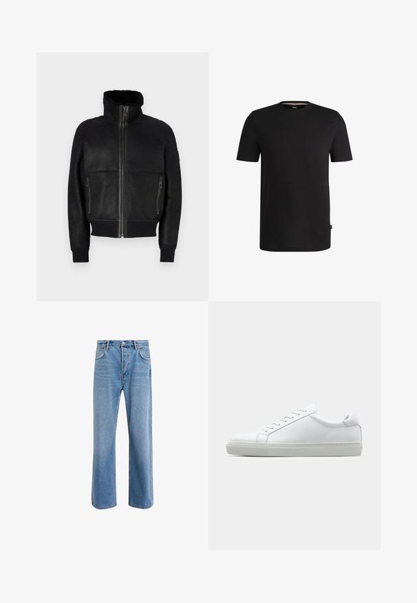 Belstaff TRACE JACKET - Leren jas - black; Zwarte short-sleeve t-shirt gemaakt van soepel katoen met een ronde halslijn. Heeft een subtiele merklabel aan de linkerkant nabij de zoom.; Lichtblauwe denim jeans met een straight-leg ontwerp, vijf zakken, knoopsluiting, minimale vervaging en contrasterende stikseldetails.; Witte sneaker met een gladlederen bovenwerk en een laag profiel. Voorzien van een ronde neus, zes vetergaatjes en een gestructureerde rubberen zool.