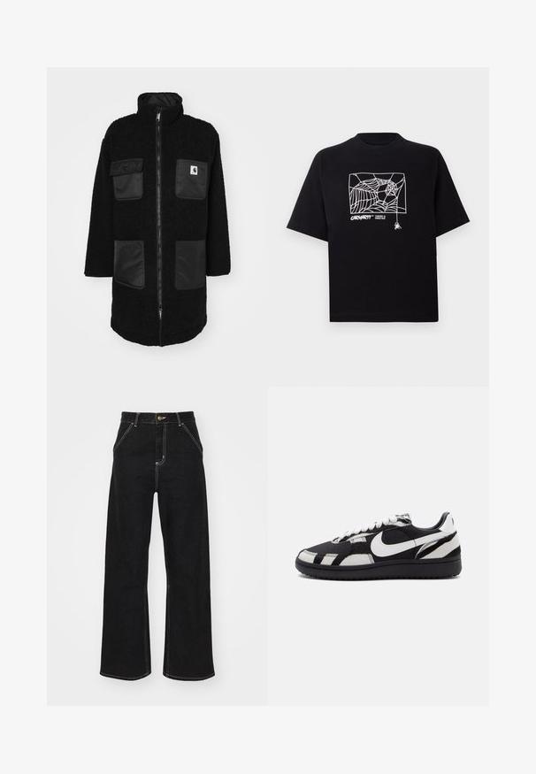 Melnas jakas no teksturētas vilnas materiāla, ar augstu apkakli, pilnu garuma rāvējslēdzēju un četrām melnām kabatām.; Melnā kokvilnas T-kreklā ir īsas piedurknes. Uz priekša ir balti zirnekļa tīkla grafika un logo. Vienkārša noapaļota izgriezne.; Melnas platajās biksēs, kas izgatavotas no denima, ar kontrastējošas baltas šuves un priekšējo pogu aizdari, kā arī divām slīpajām priekšējām kabatām.; Melnbalti sporta apavi ar teksturētu augšējo daļu, izceļoties ar izteiksmīgu baltu Nike zīmi un melnu zoli, ar auklām savienotu aizdari un rakstainiem akcentiem.