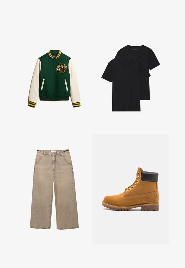 Groene wollen en witte leren varsityjack met gele accenten, voorzien van drukknoopsluitingen, zakken en een geborduurd logo op de borst.; Twee zwarte katoenen t-shirts met korte mouwen, ronde halslijnen en een gladde textuur, gepresenteerd op elkaar gestapeld.; PULL&BEAR MEGA BAGGY - Baggy jeans - light grey; Tan suède enkelboot met zwart gevoerd kraagje, gouden metalen oogjes, witte stikdetails en een robuuste rubberen zool met uitgesproken profiel.