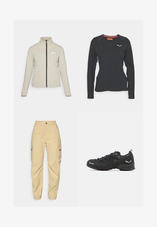 Heledbeez žaket kõrge kraega, täispikk ette tõmmatav lukuga ja mustade aktsentõmblustega. Omab logo rinnal ja pikki varrukaid.; Salewa PEDROC DRY TEE W. - Pikkade varrukatega topp - black out; The North Face EXPLORATION CARGO PANTS - Õuepüksid - khaki stone; Mustad matkajalatsid tekstuurse kangas ülaosaga, sidumisüsteemiga ja jäiga kummitaldiga. Kaunistatud peegeldavate detailide ja logodega.