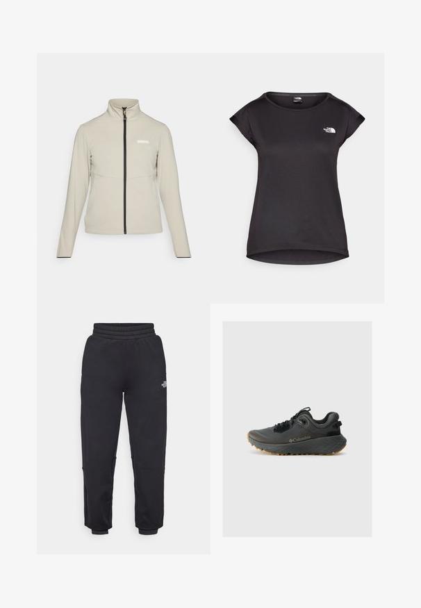 Vaalea beige takki, jossa on korkea kaulus, täysi edestä avattava vetoketju ja mustat korostusompeleet. Rinnassa logo ja pitkät hihat.; The North Face TANKEN TANK - Tekninen t-paita - black; The North Face W MOUNTAIN ATHLETICS - Verryttelyhousut - black; Columbia TERRASTRIDE CRZ - Vaelluskengät - shark/black