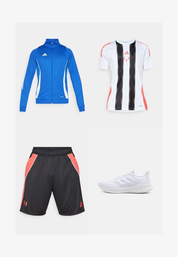 Blaue Sportjacke mit weißen Akzenten, durchgehendem Reißverschluss, hohem Kragen und gerippten Bündchen. Mit Logo auf der Brust und "AEROREADY"-Detail am Saum.; Weißes Sporttrikot mit schwarzen vertikalen Streifen und roten Akzenten an den Schultern. Verfügt über die AeroReady-Technologie zur Feuchtigkeitsregulierung.; Schwarze Sportshorts mit roten Seitenpaneelen, weißen Akzenten, einem elastischen Bund und einem Logo auf dem unteren linken Bein.; Weiße Sportschuhe mit einem strukturierten Mesh-Obermaterial, einer stützenden gepolsterten Sohle und einem drei Streifen-Design an der Seite.