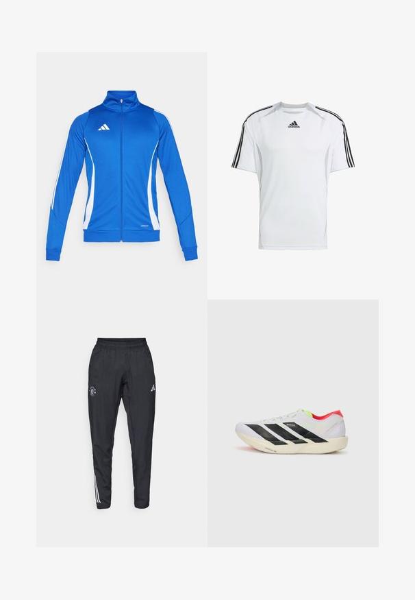 Kék sportdzseki fehér díszítéssel, teljes cipzárral, magas gallérral és bordás mandzsettákkal. A mellkason logó található, az alján pedig "AEROREADY" felirat.; Fehér, rövid ujjú sport póló fekete Adidas három csíkkal a vállakon, sima, könnyű szövetből készült.; Fekete sportnadrág, rugalmas derékkal, hímzett logóval a combon és fehér csíkkal az oldalakon.; Fehér futócipő fekete csíkokkal, neon zöld részletekkel és piros sarokkal. Könnyű dizájnnal és texturált talppal rendelkezik a tapadás érdekében.