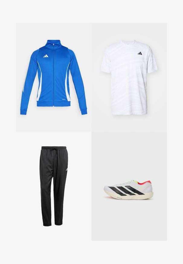 Blaue Sportjacke mit weißen Akzenten, durchgehendem Reißverschluss, hohem Kragen und gerippten Bündchen. Mit Logo auf der Brust und "AEROREADY"-Detail am Saum.; Weißes sportliches T-Shirt mit subtilen Wellenmustern, Rundhalsausschnitt, kurzen Ärmeln und einem schwarzen Dreistreifen-Logo auf der linken Brust.; Schwarze Sporthose mit elastischem Bund, Kordelzug, Bündchen an den Knöcheln und einem kleinen weißen Logo am rechten Oberschenkel.; Weißer Sportschuh mit schwarzen Streifen, neongrünen Akzenten und einer roten Ferse. Hat ein leichtes Design und eine strukturierte Sohle für besseren Grip.