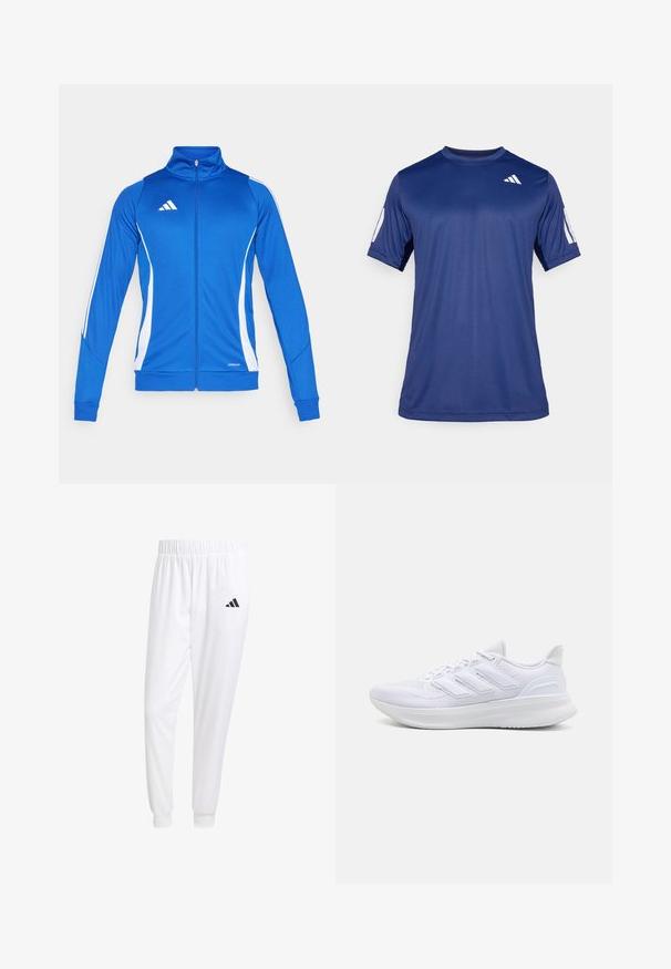 Blue athletic jacket with white accents, full zip, high collar, and ribbed cuffs. Features logo on the chest and "AEROREADY" detail on the hem.; Navy blue short-sleeve athletic shirt made of smooth fabric, featuring a crew neck and a white logo detail on the upper left chest.; White athletic pants made of smooth fabric, featuring an elastic waistband and fitted cuffs, with a black logo on the back pocket.; White athletic shoes featuring a textured mesh upper, supportive cushioned sole, and three stripe design on the side.