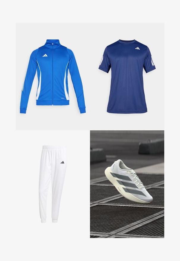 Blå atletisk jakke med hvide detaljer, fuld lynlås, høj krave og ribbede manchetter. Har logo på brystet og "AEROREADY" detalje i kanten.; Marineblå kortærmet træningsskjorte lavet af glat stof, med rund hals og en hvid logo detalje på øverste venstre bryst.; Hvide sportsbukser lavet af glat stof, med elastisk talje og tætsiddende manchetter, og med et sort logo på baglommen.; Hvid sportssko med et struktureret mesh-overmateriale, der har grå striber og en polstret sål. Letvægtsdesign, der er velegnet til løb.