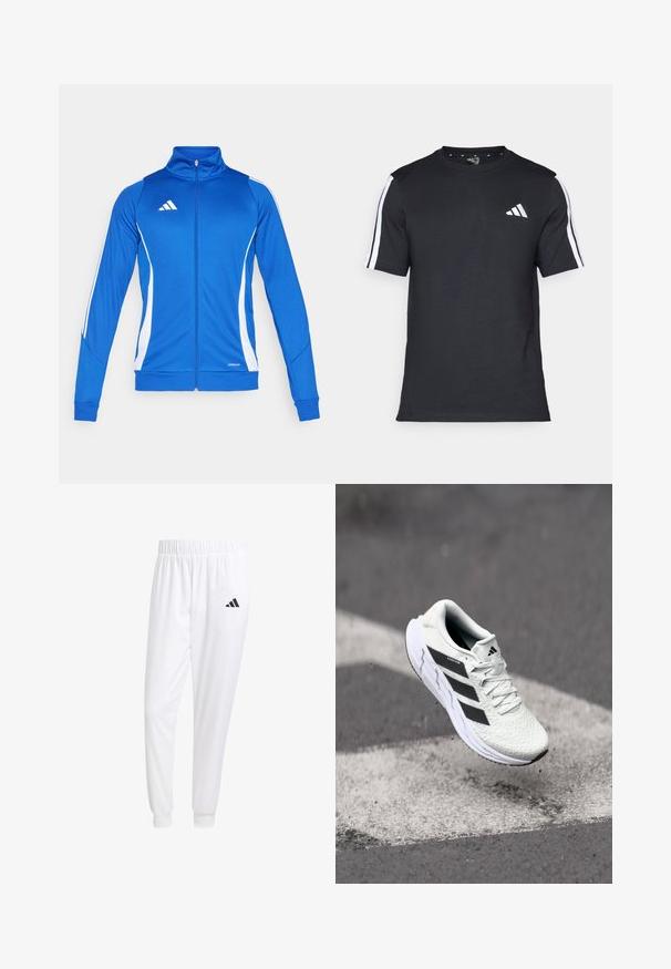 Blå atletisk jakke med hvide detaljer, fuld lynlås, høj krave og ribbede manchetter. Har logo på brystet og "AEROREADY" detalje i kanten.; Sort T-shirt fremstillet af cotton med korte ærmer, udstyret med hvide striber på skuldrene og et hvidt logo på venstre bryst.; Hvide sportsbukser lavet af glat stof, med elastisk talje og tætsiddende manchetter, og med et sort logo på baglommen.; Hvid atletisk sko med tekstureret netoverdel, sorte striber, snørebåndslukning og en polstret sål, som svæver over en markeret vejoverflade.