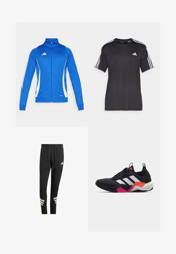 Blue athletic jacket with white accents, full zip, high collar, and ribbed cuffs. Features logo on the chest and "AEROREADY" detail on the hem.; Black short-sleeve t-shirt with white three-stripe design on shoulders and logo on the chest. Made from breathable fabric, smooth texture.; Black athletic pants with an elastic waistband, featuring reflective white accents in a striped pattern on the lower legs. Made from a smooth fabric.; Black athletic shoe with white stripes, textured upper, and a chunky sole featuring orange, pink, and white accents. Laced design with pull tab.