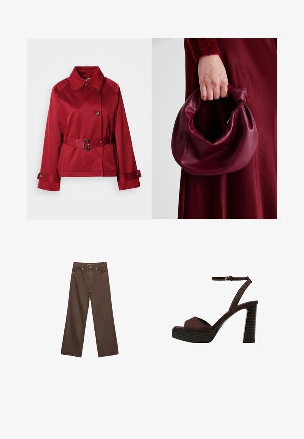 Rode jasje met riem, een kraag en een grote knoop aan de voorkant, en gestructureerde mouwen. Gemaakt van een gladde stof met een strakke afwerking.; Donkerbruin gebreide trui met een ronde halslijn, verlaagde schouders, ribbelmanchetten en -zoom, met een zachte textuur en een ontspannen pasvorm.; Brede bruine spijkerbroek van denim, met een hoge taille, voorzakken en een klassieke knoopsluiting. Soepele textuur met subtiele stiksels.; Bruine suède high-heeled sandaal met een open teen, verstelbare enkelband en een gestreepte plateauzool.; Bordeaux leren handtas met een zacht, gegathered ontwerp en een ronde vorm. De handgreep is stevig bevestigd en toont een gladde textuur.