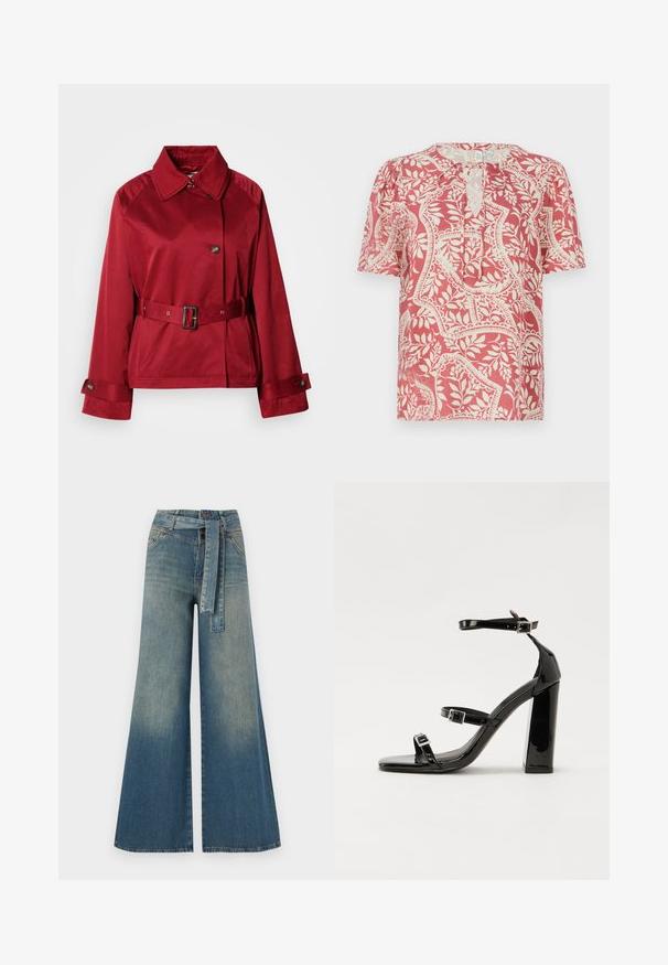 Sarkans, josts ar jostu, ar apkakles kaklu, lielu priekšējo pogu un strukturētām piedurknēm. Izgatavots no gluda auduma ar elegantu apdari.; Īsām piedurknēm blūze gaiši sarkanā krāsā ar krēmkrāsas ziedu un ģeometrisku rakstu, ar atslēgas caurumu apakšā un mīkstu, vieglu audumu.; Platām kājām džinsu bikses ar gaismas līdz tumši zilam gradientam, augstu jostas līniju, jostas cilpām un atbilstošu auduma jostu. Tekstūrēts džinsas apdare.; Melnas lakotas augstpapēžu čības ar kvadrāta purngalu, potīšu siksniņām un sudraba sprādzēm. Aprīkotas ar masīvu bloku papēdi stabilitātei.