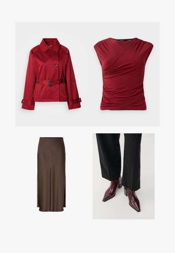 Giacca rossa con cintura, colletto e grandi bottoni frontali, e maniche strutturate. Realizzata in tessuto liscio con una finitura elegante.; Top rosso a maniche corte con design avvolgente, caratterizzato da una texture arricciata sul lato e una finitura in tessuto morbido e liscio.; Gonna in satin marrone con design dritto, dotata di spacchi laterali per facilitare i movimenti e una texture liscia su tutto il tessuto.; Stivaletti in pelle verniciata bordeaux con punta affusolata, tacco grosso e finitura texturizzata, abbinati a pantaloni neri a gamba larga.