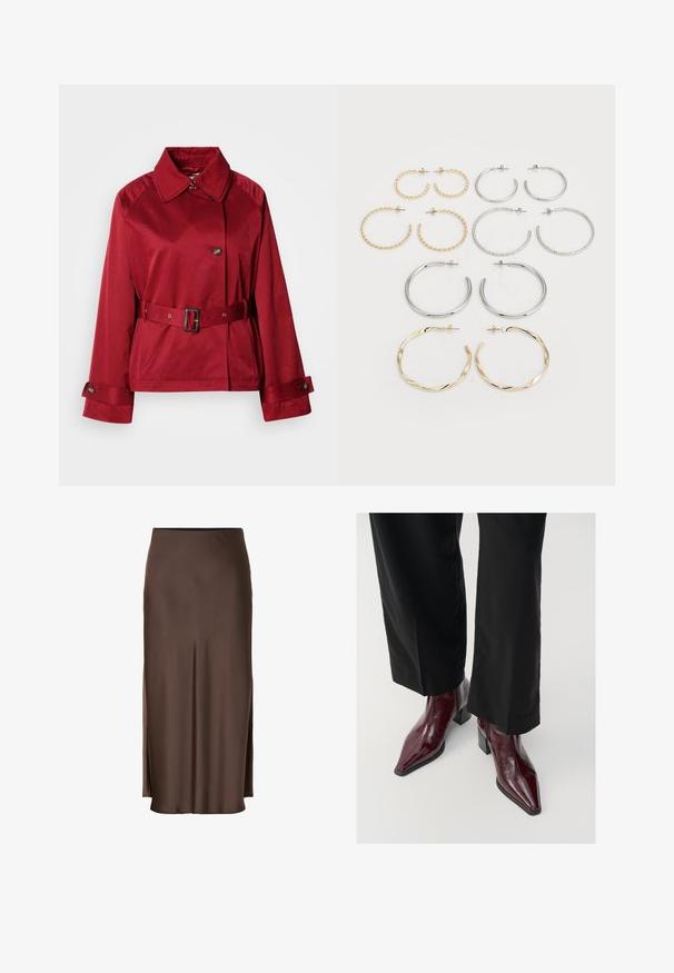 Sarkans, josts ar jostu, ar apkakles kaklu, lielu priekšējo pogu un strukturētām piedurknēm. Izgatavots no gluda auduma ar elegantu apdari.; Sarkans īsām piedurknēm tops ar apvēršanas dizainu, kuram ir savilktu tekstūru sānos un gluda, mīksta auduma apdare.; Brūnas satīna svārki ar taisnu dizainu, kuriem ir sānu šķēlumi vieglai pārvietošanai un gluda tekstūra visā audumā.; Burgundijas lakota ādas potīšu zābaki ar smailu purngalu, apaļu papēdi un teksturētu apdari, saskaņoti ar melnām platas kājas biksēm.; Divpadsmit auskaru komplekts ar riņķiem sudraba un zelta tonī. Ietver vītņotus, gludus un teksturētus dizainus ar dažādiem izmēriem un apdares veidiem.