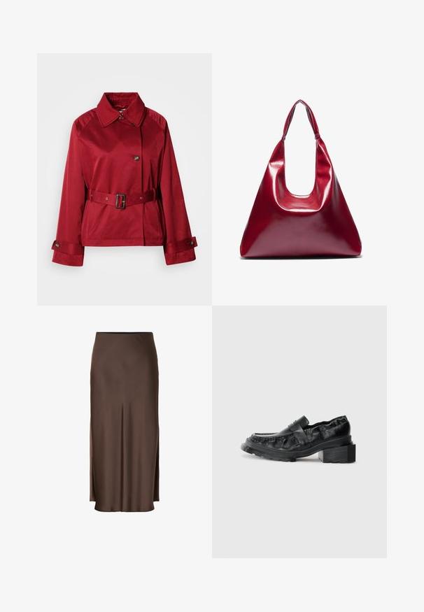 Sarkans, josts ar jostu, ar apkakles kaklu, lielu priekšējo pogu un strukturētām piedurknēm. Izgatavots no gluda auduma ar elegantu apdari.; Sarkans īsām piedurknēm tops ar apvēršanas dizainu, kuram ir savilktu tekstūru sānos un gluda, mīksta auduma apdare.; Brūnas satīna svārki ar taisnu dizainu, kuriem ir sānu šķēlumi vieglai pārvietošanai un gluda tekstūra visā audumā.; Melnas ādas loafers ar strukturētu zoli, kurai ir nedaudz pacelts bloku papēdis un teksturēts virspusē, nodrošināts ar priekšējo siksniņu.; Sarkani spīdīgi ādas rokassomu ar triāla formu, plašu augšējo atveri un vienu izliekta roktura. Gluda tekstūra ar minimāliem šuvju detalizējumiem.; Divpadsmit auskaru komplekts ar riņķiem sudraba un zelta tonī. Ietver vītņotus, gludus un teksturētus dizainus ar dažādiem izmēriem un apdares veidiem.
