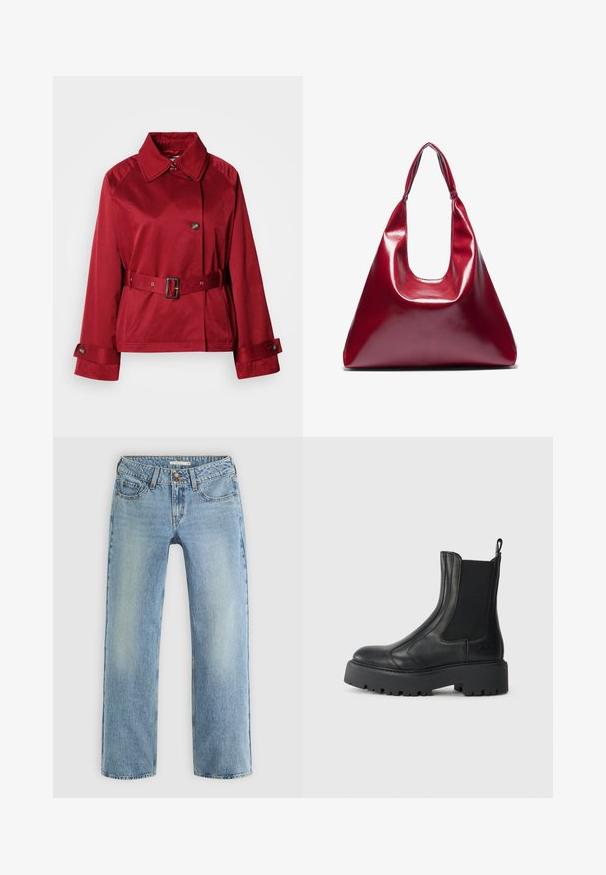 Rote Jacke mit Gürtel, kragenloser Halslinie, großem Vorderknopf und strukturierten Ärmeln. Hergestellt aus glattem Stoff mit einer eleganten Oberfläche.; Zwei Langarmoberteile. Eines weiß und eines schwarz, beide aus leichtem Baumwollstoff mit einem weit ausgeschnittenen Bootsausschnitt und schmaler Passform.; Hellblaue gerade geschnittene Jeans aus Denim, mit Knopfverschluss, fünf Taschen und subtiler Ausbleichung entlang der Beine.; Schwarze Lederknöchelstiefel mit elastischen seitlichen Einsätzen, einer abgerundeten Spitze und einer grob strukturierten Gummisohle. Mit einem Ziehschlaufen an der Rückseite.; Rote glänzende Lederhandtasche mit dreieckiger Form, breiter Öffnung oben und einem geschwungenen Griff. Glatte Textur mit minimalen Nähdetails.; Set aus zwölf Ohrhängern in Silber- und Goldtönen. Enthält gedrehte, glatte und strukturierte Designs in verschiedenen Größen und Oberflächen.