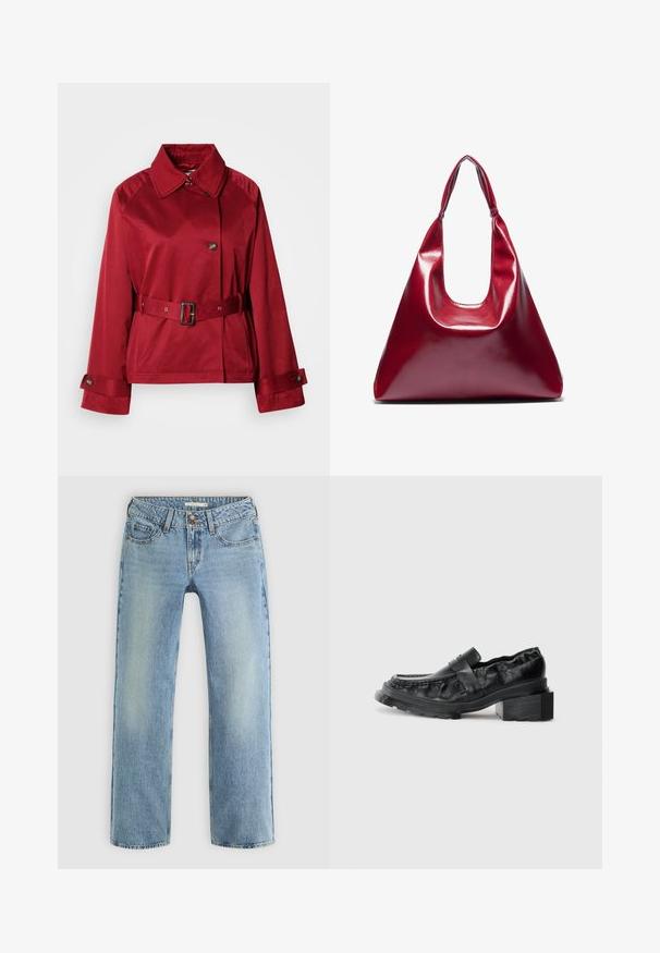 Rød, bæltejakke med kravehals, stor frontknap og strukturerede ærmer. Lavet af glat stof med en elegant finish.; To lange langærmede bluser. En hvid og en sort, begge i let bomuld med bred bådhals og tætsiddende pasform.; Lyseblå lige ben jeans lavet af denim, med knaplukning, fem lommer og subtil falmning langs benene.; Sorte læderloafers med en struktureret sål, der har en let forhøjet blokhæl og en tekstureret overdel, sikret med en frontrem.; Rød blank lædertaske med en trekantet form, bred åbning foroven og et enkelt buet håndtag. Glat tekstur med minimale sømdetaljer.; Sæt med tolv hoop øreringe i sølv- og guldfarver. Inkluderer snoede, glatte og teksturerede designs i forskellige størrelser og overflader.