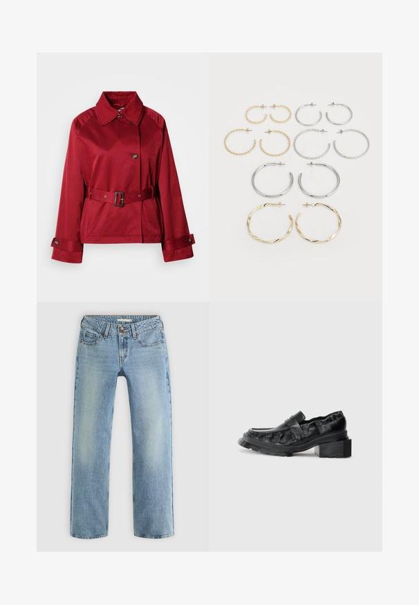 Crvena jakna s remenom, s ovratnikom, velikim gumbom sprijeda i strukturiranim rukavima. Izrađena od glatkog materijala s sjajnim završetkom.; Dva ženska majice s dugim rukavima. Jedna bijela i jedna crna, obje od laganog pamuka s širokim izrezom i uskim krojem.; Svijetloplavi traperice ravnog kroja, izrađene od denima, s kopčanjem na dugme, pet džepova i suptilnim izblijeđivanjem duž nogu.; Crne kožne mokasine sa čvrstim potplatom, s blagim blok petom i teksturiranim gornjim dijelom, učvršćenim prednjom trakicom.; Set od dvanaest naušnica u obliku obruča u srebrnim i zlatnim tonovima. Uključuje isprepletene, glatke i teksturirane dizajne s raznim veličinama i završnim obradama.