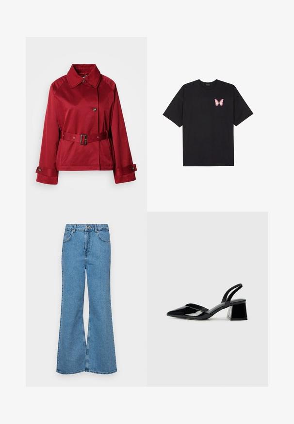 Crvena jakna s remenom, s ovratnikom, velikim gumbom sprijeda i strukturiranim rukavima. Izrađena od glatkog materijala s sjajnim završetkom.; Crna pamučna majica s kratkim rukavima, s malim grafičkim prikazom ružičaste vjetricaste s desne strane na prsima. Dizajn s okruglim izrezom i opuštenim krojem.; Svijetloplave traperice s flared nogavicama, visokog struka, s pet džepova i jednim dugmetom za zatvaranje. Mekani materijal s izblijedjelim izgledom.; Crne lakirane kožne sandale s otvorenom petom i špicastim vrhom, s geometrijskom blok petom. Imaju elegantan, minimalistički dizajn i glatku teksturu.