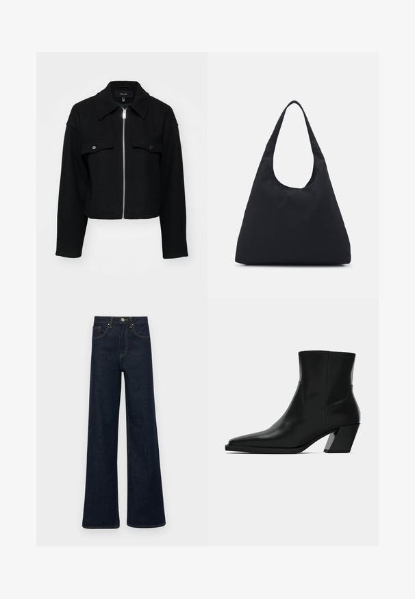 Jachetă neagră croppată, realizată dintr-un material moale, având fermoar frontal, guler ascuțit și două buzunare pe piept cu nasturi snap argintii.; Pulover alb cu guler înalt din tricot cu cabluri, având o siluetă scurtă, cu manșete și tiv din tricot cu nervuri. Textură moale, cu un design confortabil și voluminos.; Jeans din denim de culoare albastru închis, cu picioare largi, buzunare frontale, bucle pentru curea și închidere cu nasture.; Cizma neagră din piele, până la gleznă, cu vârf ascuțit, o siluetă elegantă și un toc pătrat gros. Textură netedă cu detalii de cusătură minime.; Geantă din material textil negru, cu o bandă lată pentru umăr. Formă moale, semi-structurată și textură netedă; design minimalist, fără accesorii vizibile.