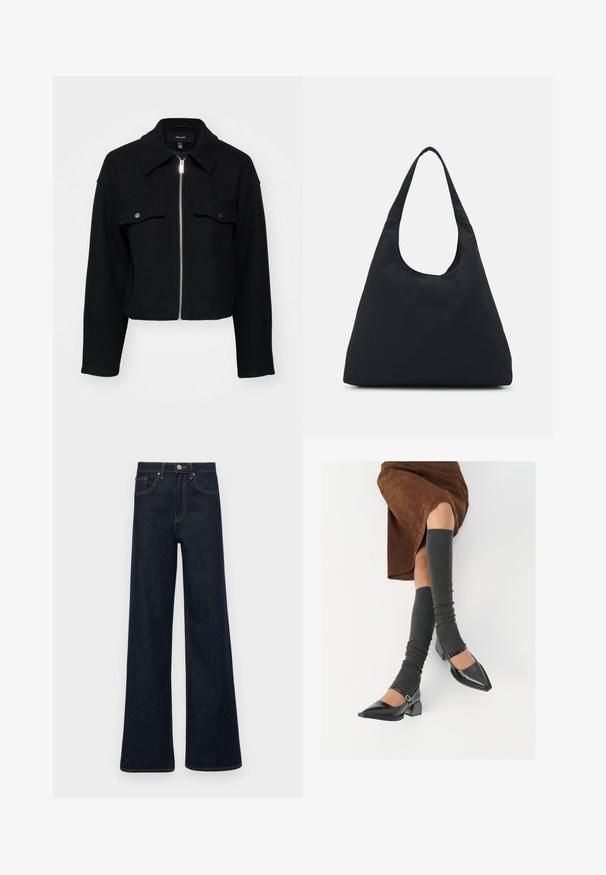 Cropped black jacket made of soft fabric, featuring a zip front, pointed collar, and two chest pockets with silver snap buttons.; White cable-knit turtleneck sweater with a cropped silhouette, featuring ribbed cuffs and hem. Soft texture with a cozy, chunky design.; Dark blue wide-leg denim jeans with front pockets, belt loops, and a button closure.; Black patent leather pointed-toe shoes with a block heel and ankle strap, paired with gray ribbed leg warmers and a brown suede skirt.; Black fabric bag with a single, wide shoulder strap. Soft, semi-structured shape and smooth texture; minimal design, without visible hardware.