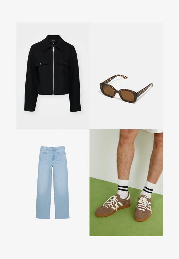 Korte zwarte jas gemaakt van zacht materiaal, met een ritssluiting aan de voorkant, een spitse kraag en twee borstzakken met zilveren drukknoopjes.; Wit en grijs gestreepte cropped sweater, met een hoge nek en een rits aan de voorkant. Gestructureerde, gebreide stof met een geribbelde zoom.; Lichtblauwe wijde jeans van denim, met een hoge taille, rechte snit en vijf-pocket ontwerp, afgewerkt met een nette zoom.; Bruine suède sneakers met witte accenten en veters. Rubberen gumzool. Draag met witte sokken met zwarte strepen. Groene gestructureerde vloer.; Tortoiseshell zonnebril met een ronde, stevige montuur en bruine lenzen. Heeft subtiele patronen en rechte, taps toelopende veren.; Zign LEATHER - Shopper - light brown